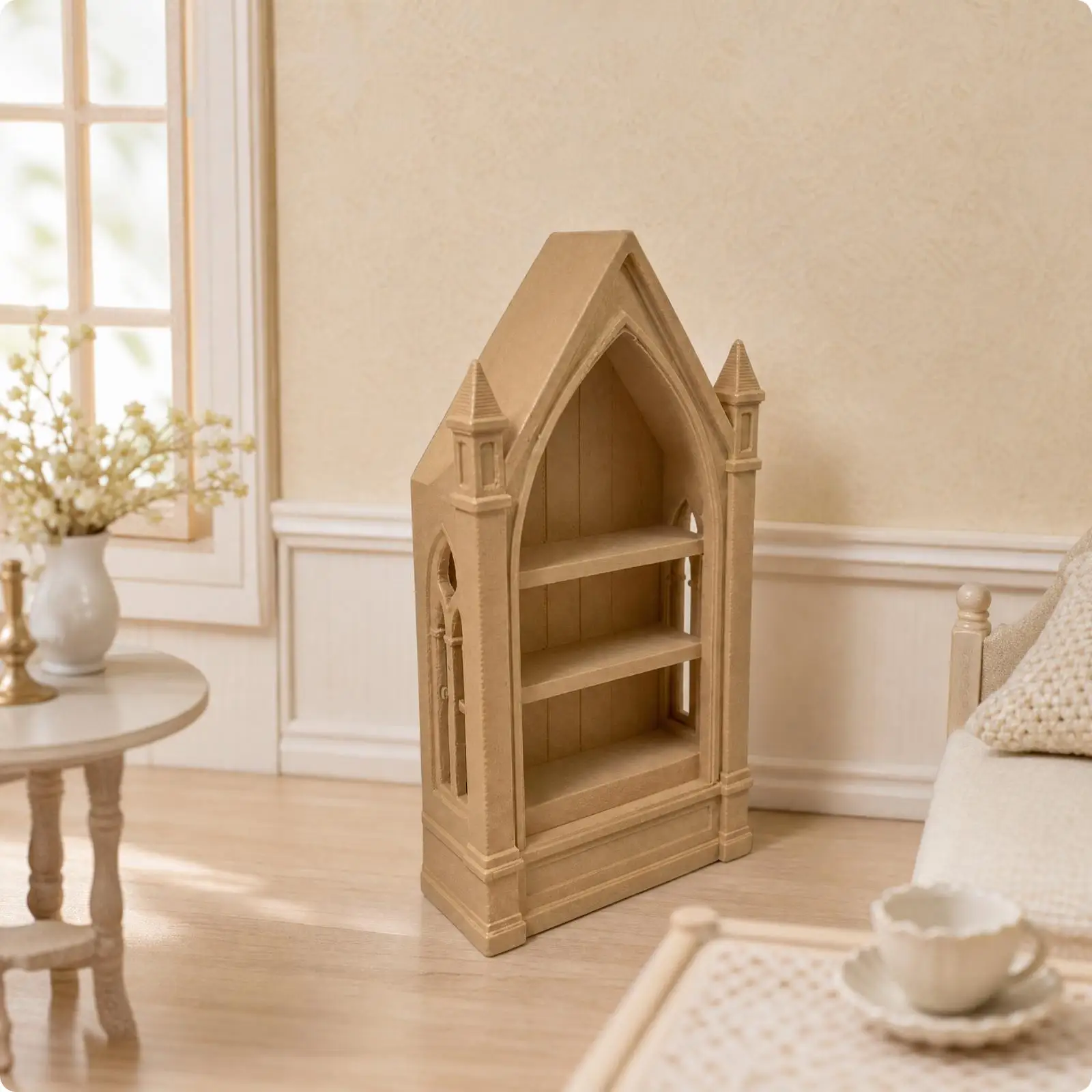 Mini Gothic Display Shelf Khaki Castle Style Open Bookcase for Collectibles Dollhouse Decor Storage