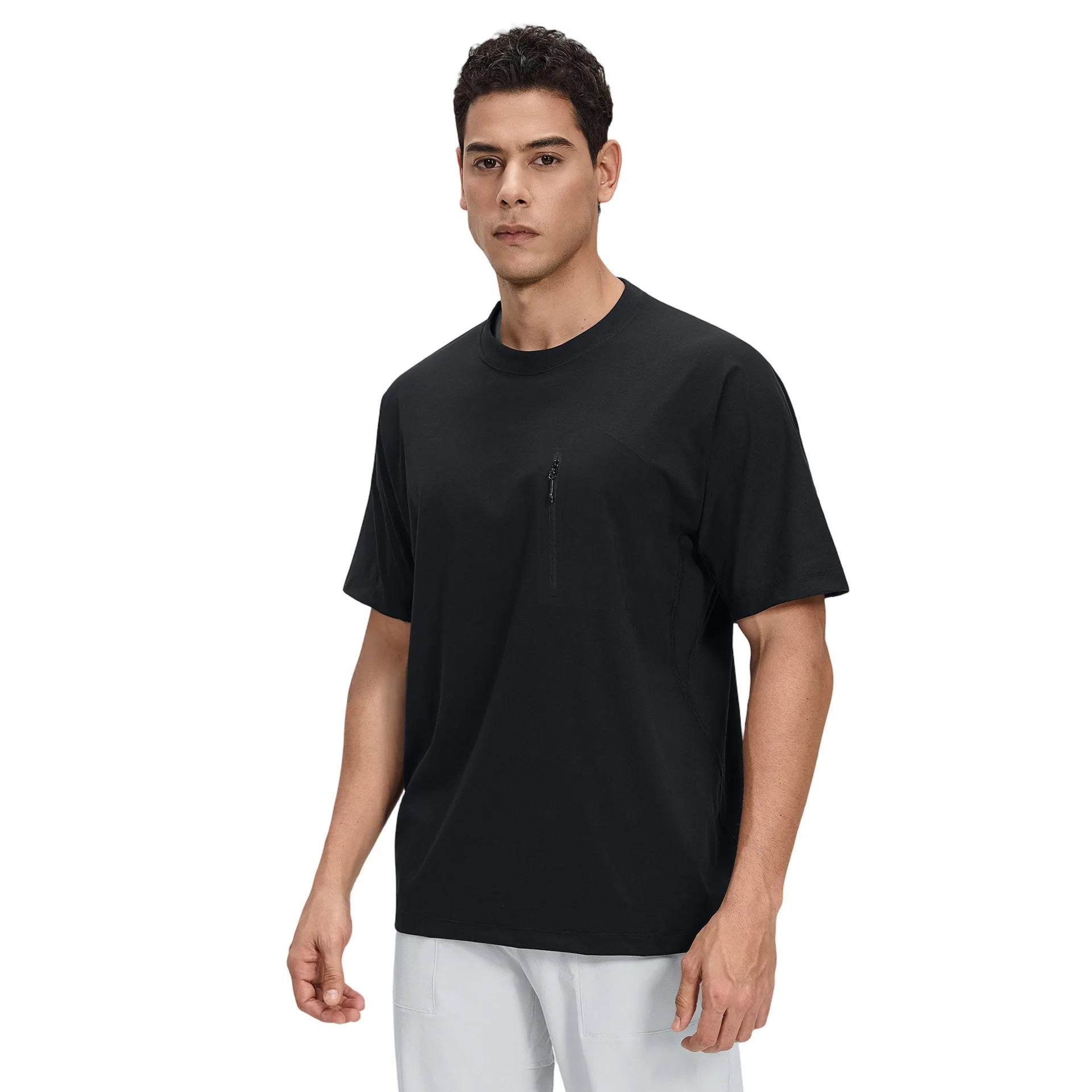 Lemon Men's Short Sleeve Sport T-Shirt Loose Breathable Quick Drying Running Casual Fitness Training Top With Zipper Chest Bag