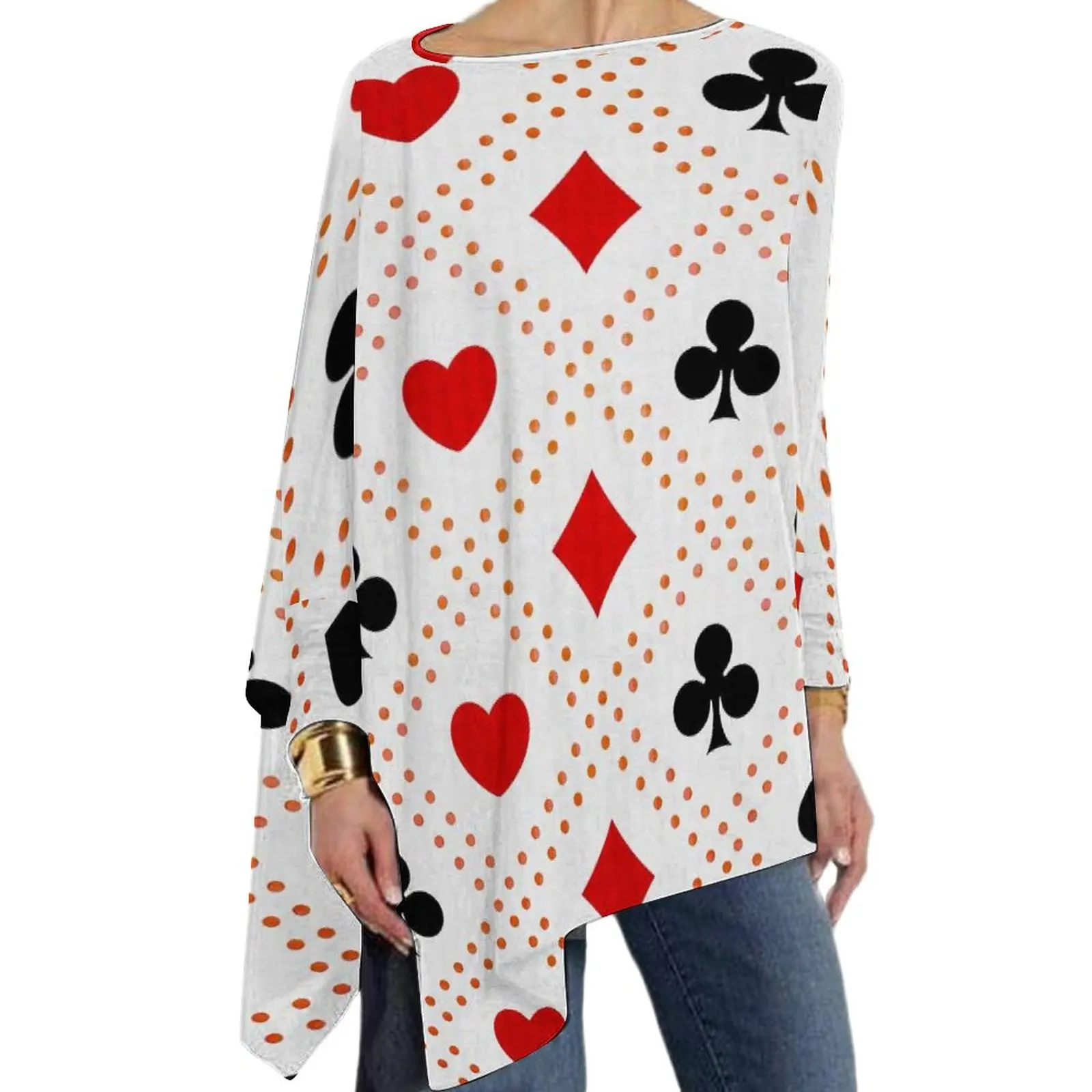 Poker Heart T-Shirts Card Pattern Red Queen Casual Loose Long Sleeve T Shirt Elegant Print Tee Shirt Clothes Big Size 5XL 6XL