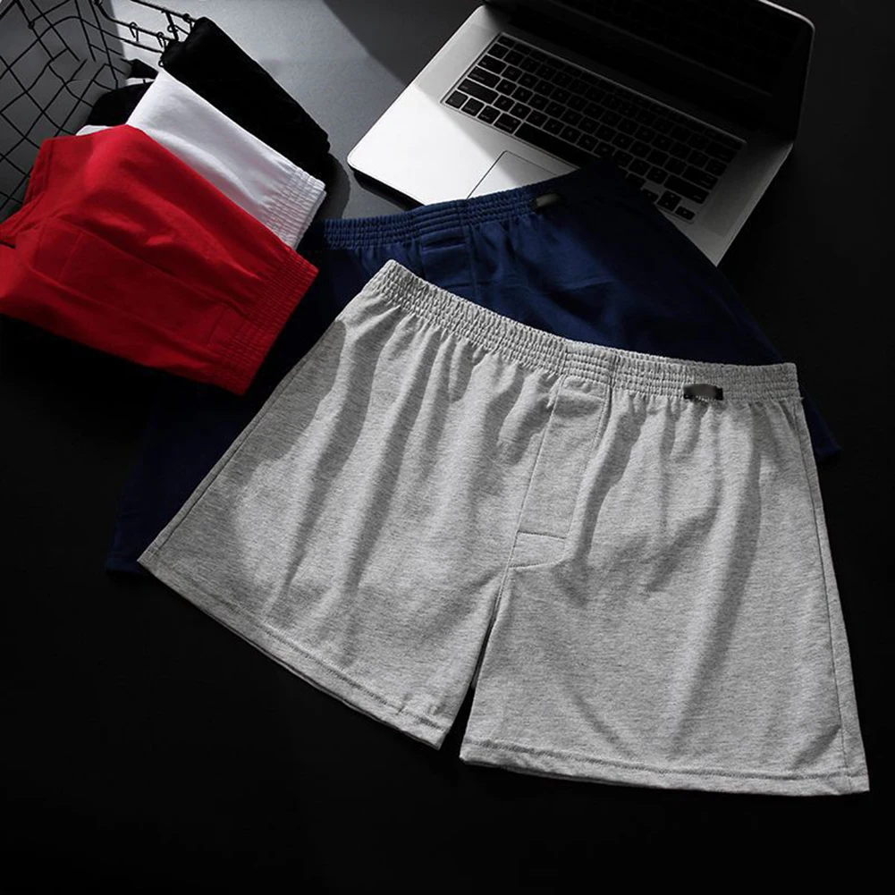 1pc Solid Color Mens Loose Cotton Boxer-Briefs Shorts Underwear Elastic Comfortable Sports Home Man Panties