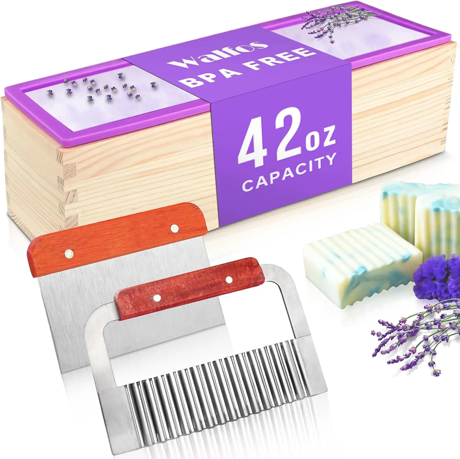 

Flexible Silicone Soap Mold with Wood Box and Stainless Steel Cutters for DIY Soap Making, 42oz Capacity