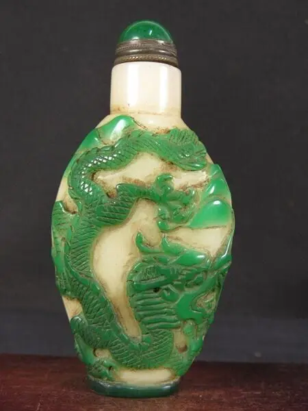 

Fine Chinese Two Dragon Carved Peking Overlay Glass Snuff Bottle