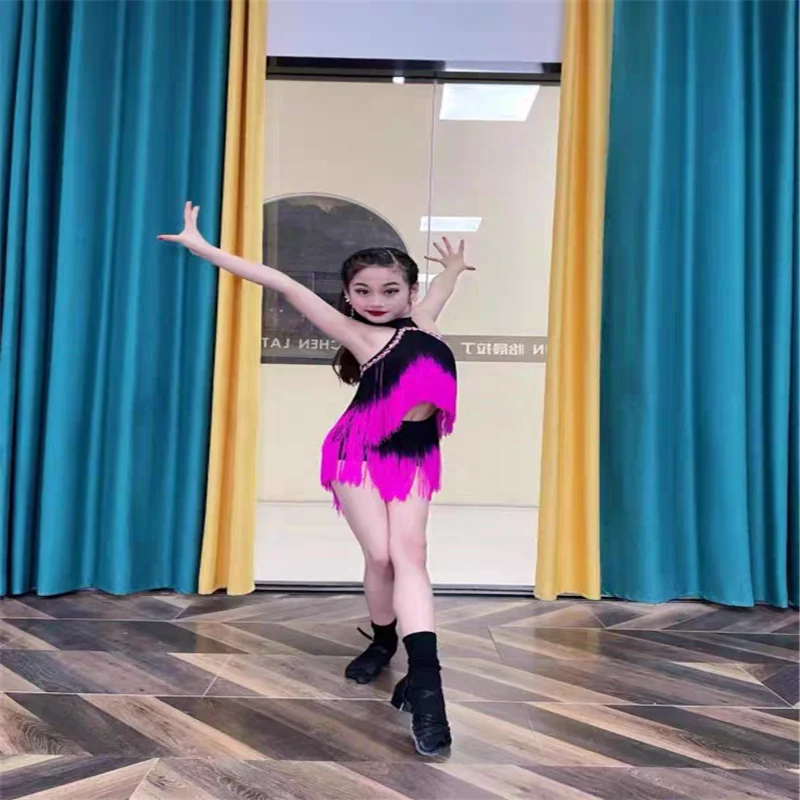 Skirts Child Latin Ballroom Tango Dancewear New Pink Black Latin Fringes Dance Costume Girls Latin Tassels Dress