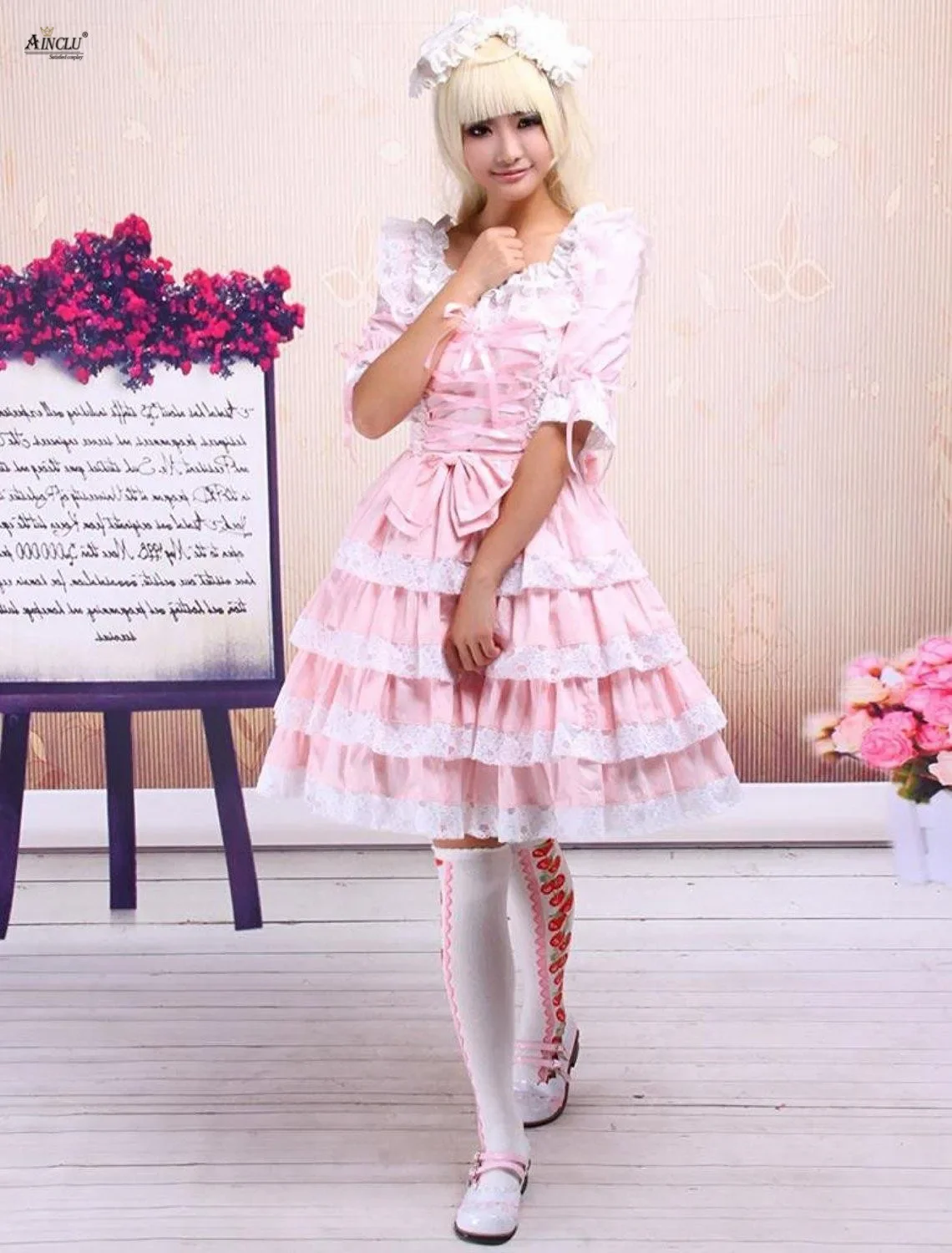 Dolce Lolita Abito in cotone Rosa Cravatte anteriori in pizzo Maniche staccabili Ragazze carine Lolita Dress Coaplay Costumi Party Club XS-XXL