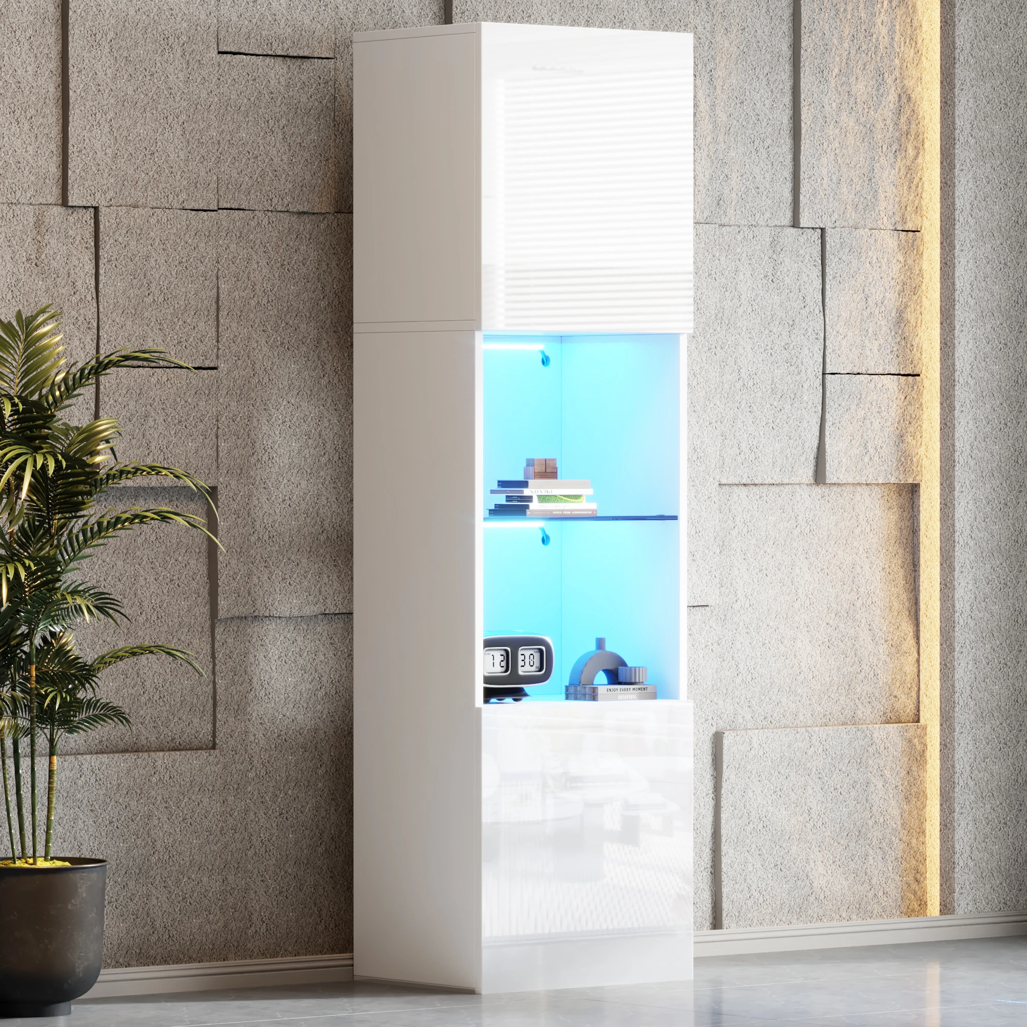 Vitrine avec 2 portes, étagère en verre trempé et LED - pour salon - en bois composite - 45 × 35 × 160 cm - Blanc