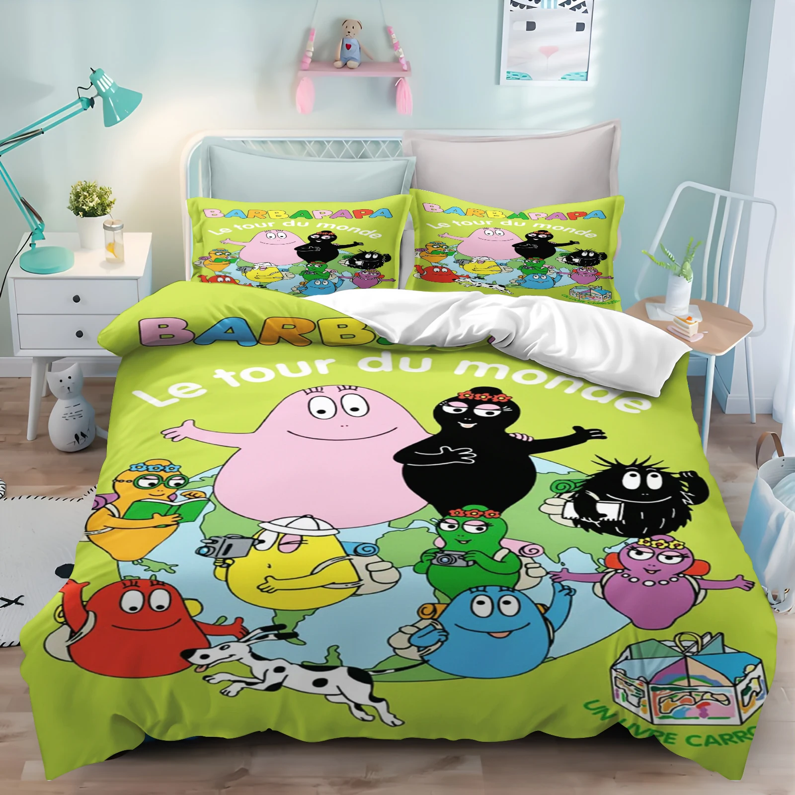 

Children Barbapapa Duvet Cover Cartoon 3-Piece Set Cute Polyester Soft Breathable Comforter Animation Bedding