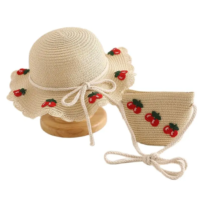 

XEONGKVI Korean Fashion Cherry Parent-Child Sun Hat Bag Set Spring Summer Brand Beach Straw Cap For Women Girl Kid Wide Brim