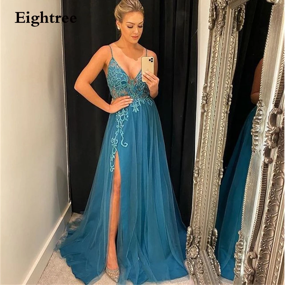 Eightree Formale Prom Kleider Spaghetti-trägern Spitze Appliques Hohe Slit Abendkleider Lange PartyEvent Kleid Robes De Soirée