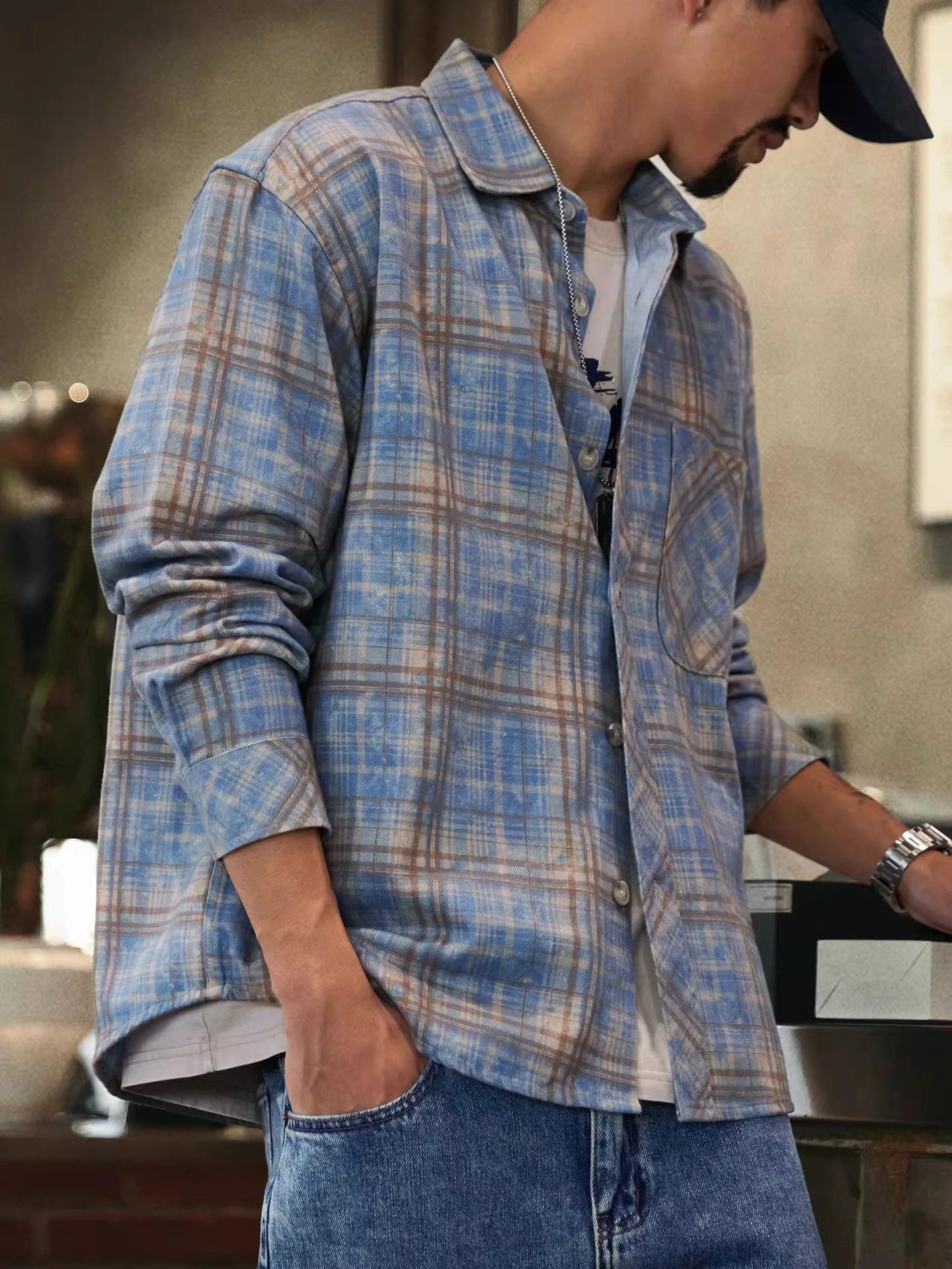 

Loose Fit Long Sve Men's irt American Sle Retro Plaid Spring Autumn New Arrival Breathable Casual Button up Coat