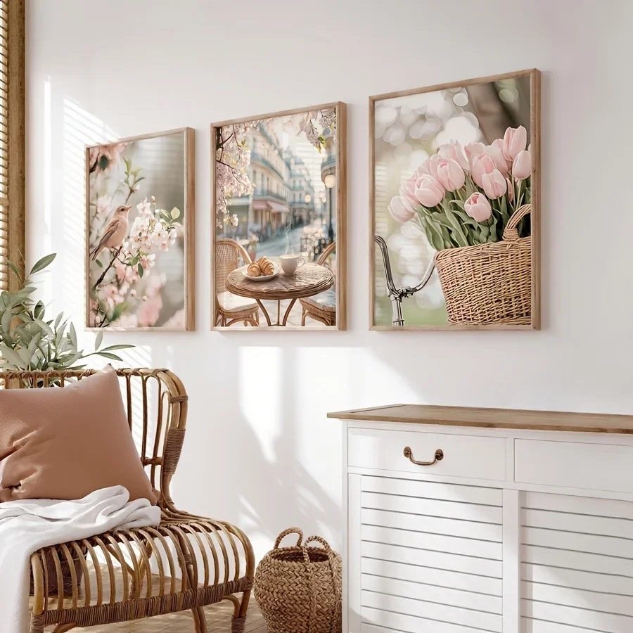 3PCS Large-sized frameless canvas paintings,3pcs/set Romantic Paris Street Canvas Print Flowers Birds Tulips Outdoor Cafe Wall A