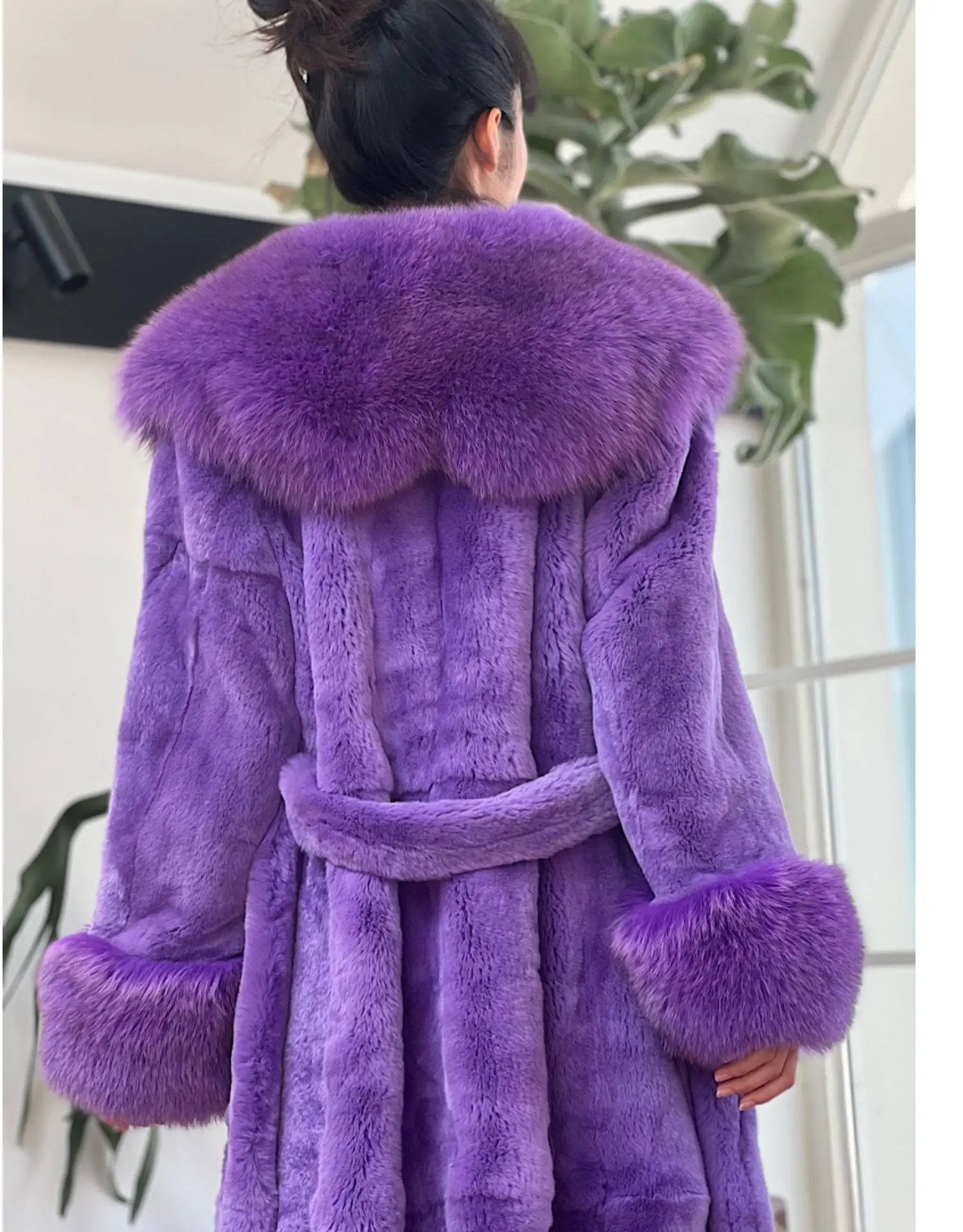 2024 Winter Genuine 120Cm Length Real Rex Rabbit Fur Coats With Collar Trend Warm Natural Rabbit Fur Overcoat Women