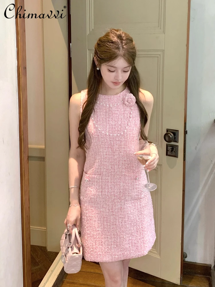 

French Elegant Sweet Socialite Pink Dress Round Neck Sleeveless 3D Flower Pearl Beaded High Waist Slim A-line Short Dress Women