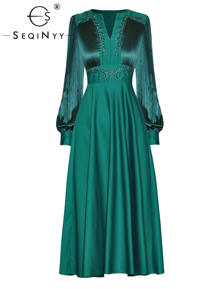 

SEQINYY Elegant Midi Dress Summer Spring New Fashion Lantern Sleeve Beading A-Line Party High Street Casual For Women