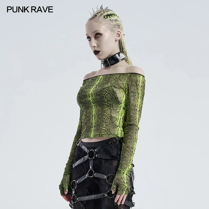 PUNK RAVE Women's Punk One Shoulder Collar Long Sleeve T-shirt  Casual Top Serpent Print Velvet Cobweb Prints Two Colors