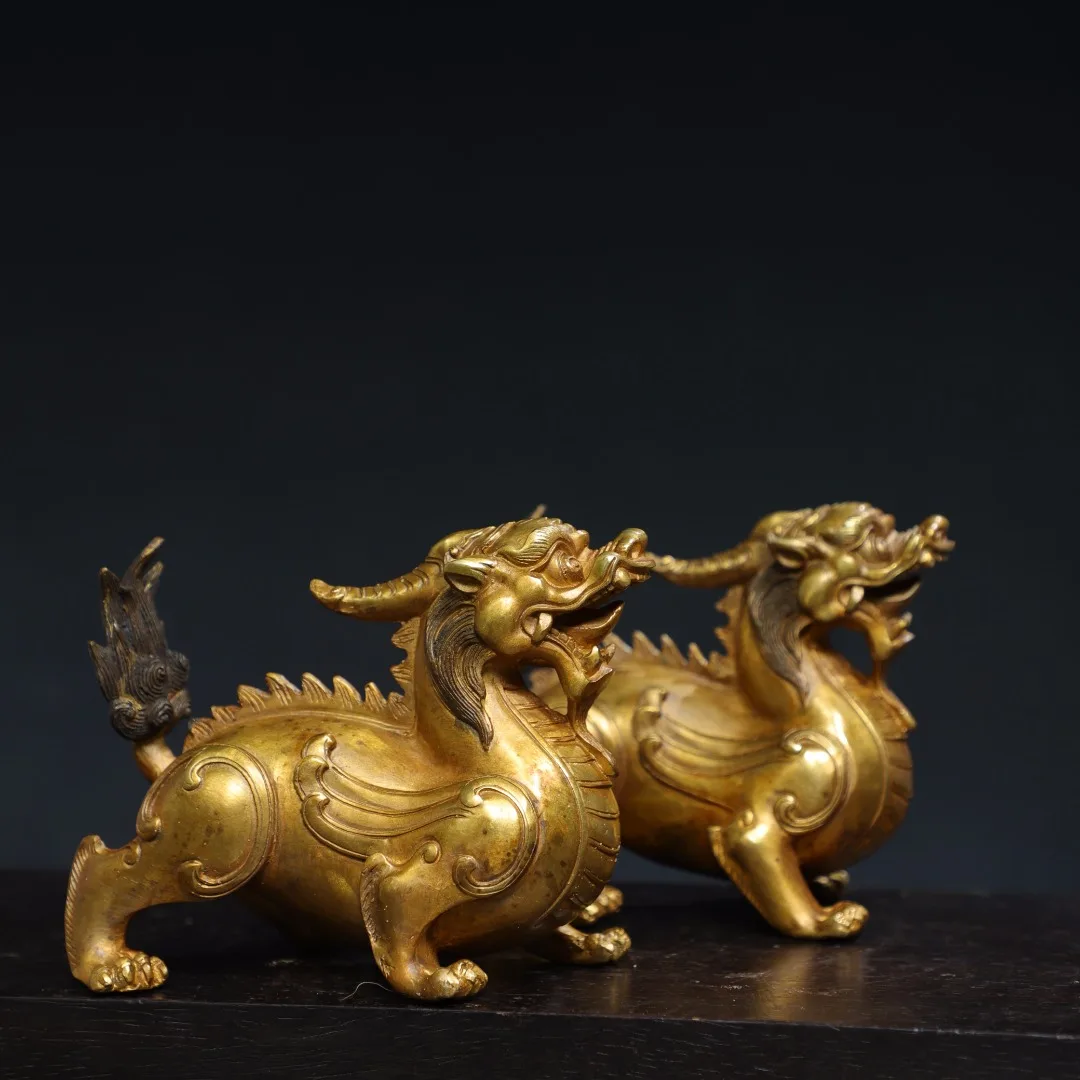 

7"Tibetan Temple Old Bronze Cinnabar Gilded Brave Troops Divine Beast Statue A pair Amass wealth Ornaments Town house