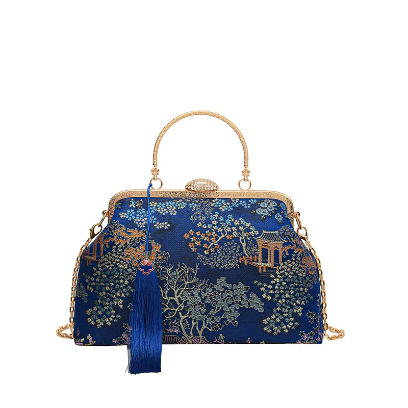 Chinese Style Hanfu Evening Bag For Women Vintage Print Tassel Clutches Metal Handle Handbags Wedding Party Chain Shoulder bag