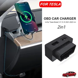 Car OBD Fast Charger for Tesla Model 3 Y X S Mobile Phone Charging Adapter OBD2 Splitter USB and Type-C Dual Port Plug Head