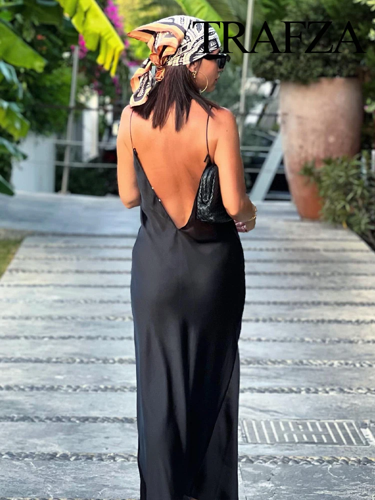 TRAFZA Nieuwe Mode Vrouw Feestavond Slip Prom Jurk Vrouwelijke Satijnen Lange Jurk Sexy Mouwloze Backless V-hals Sling Midi Jurk