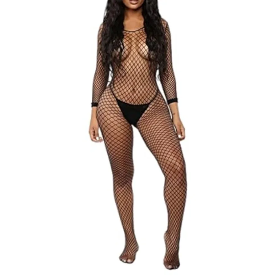 

Women's Sexy Mesh BodyStocking Fishnet Lingerie Long Sleeve Bodysuits One Pcs Jumpsuit Underwear Nightwear