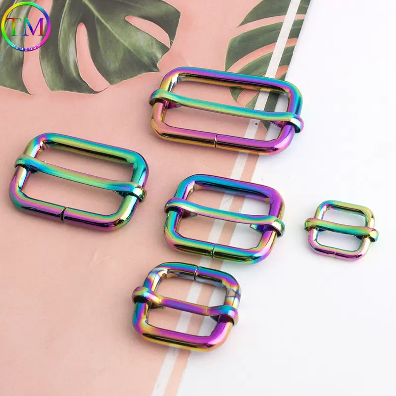 10-50 pezzi Rainbow Metal Buckles borsa Strap Slider Tri Glide Snap Hook 3 Bar Adjuster Center Bar Buckle Handsbag in pelle fai da te