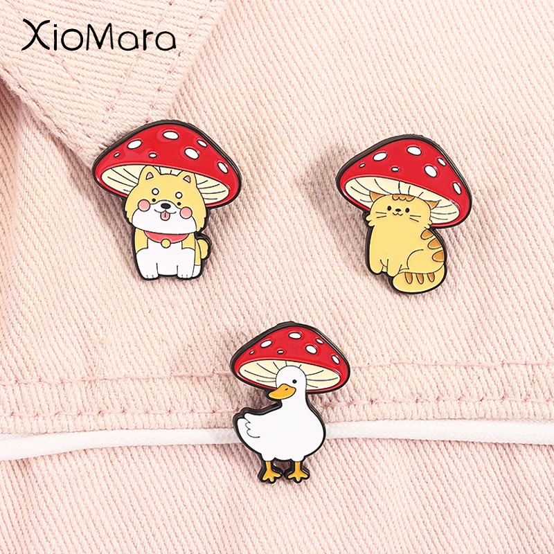 

White Goose Wearing A Mushroom Hat Enamel Pins Kawaii Cat Dog Cartoon Cute Animal Brooches Lapel Badge Jewelry Gifts for Friends