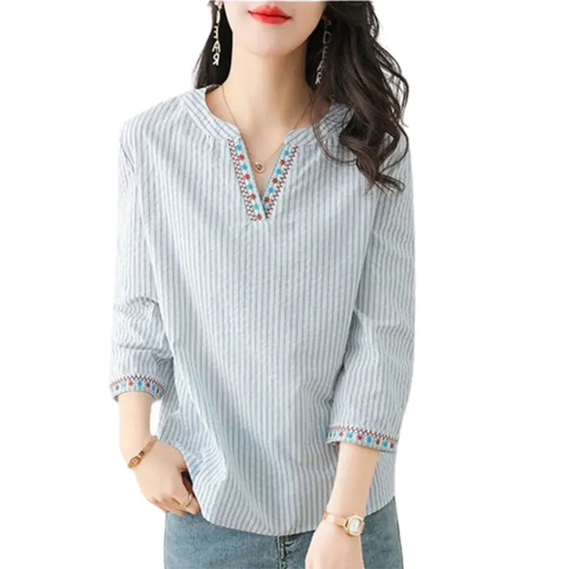 Elegant Fashion Harajuku Slim Fit Blouse V Neck Insert Pure Cotton Three Quarter Sleeve Tops Women Loose Casual Female Clothes