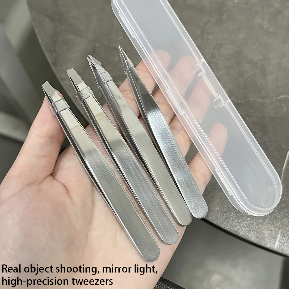 4pcs Professional Stainless Steel Tweezers Hair Removal Tweezers for Women Eyebrows Facial with Travel Box