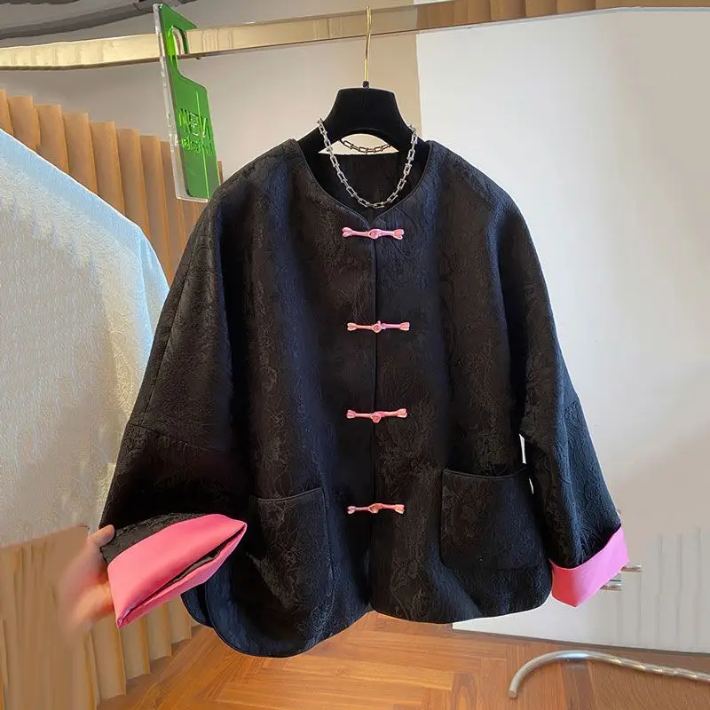 

New Chinese Sle Casual Jaet Men's Women's Spring Autumn Large Size Button Decorated No Collar Open Cardigan