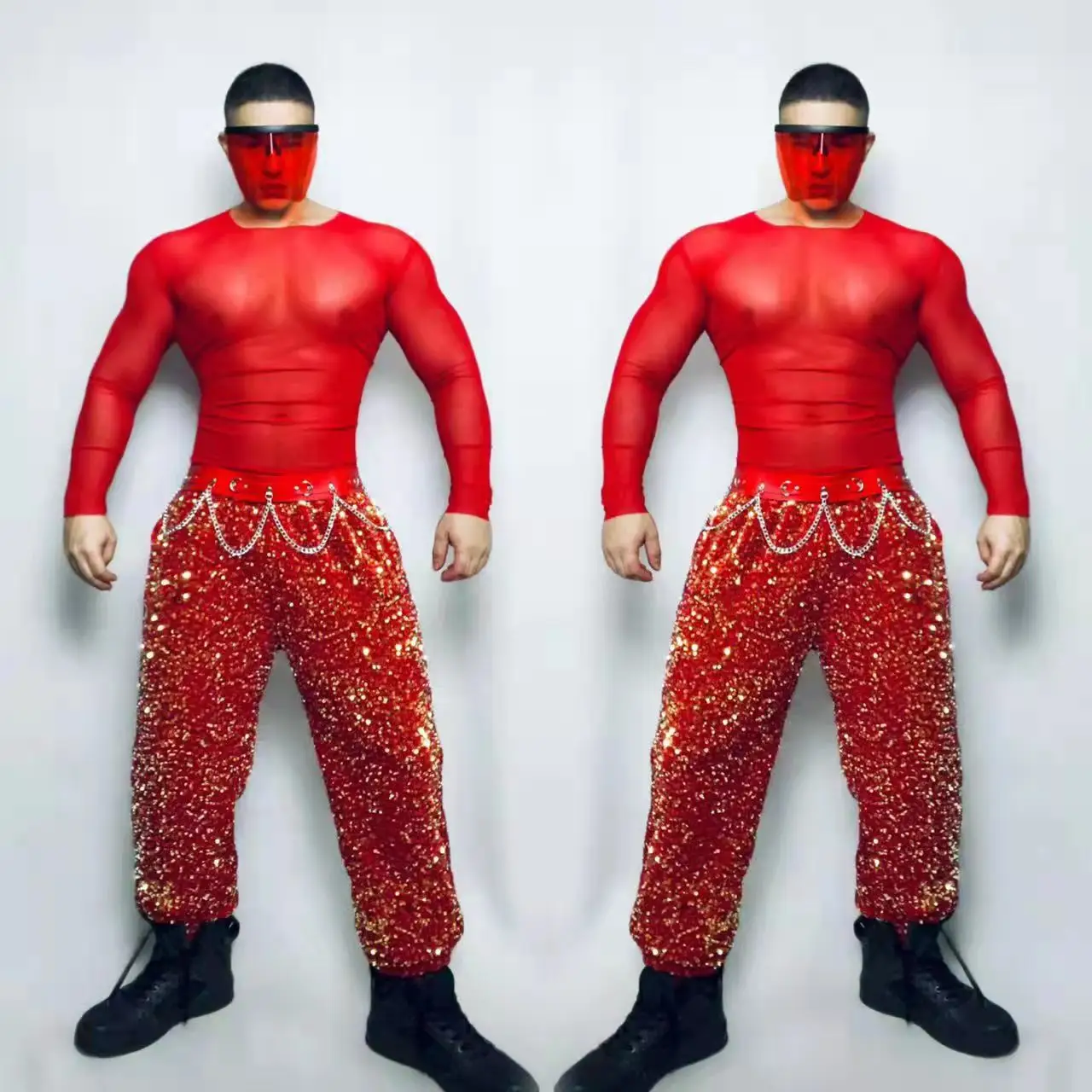 Bar Nightclub Men DJ Gogo Dance Costume Sexy Club Show Red Sequins Pants Transparent Tops Party Rave Outfits Performance Clothes
