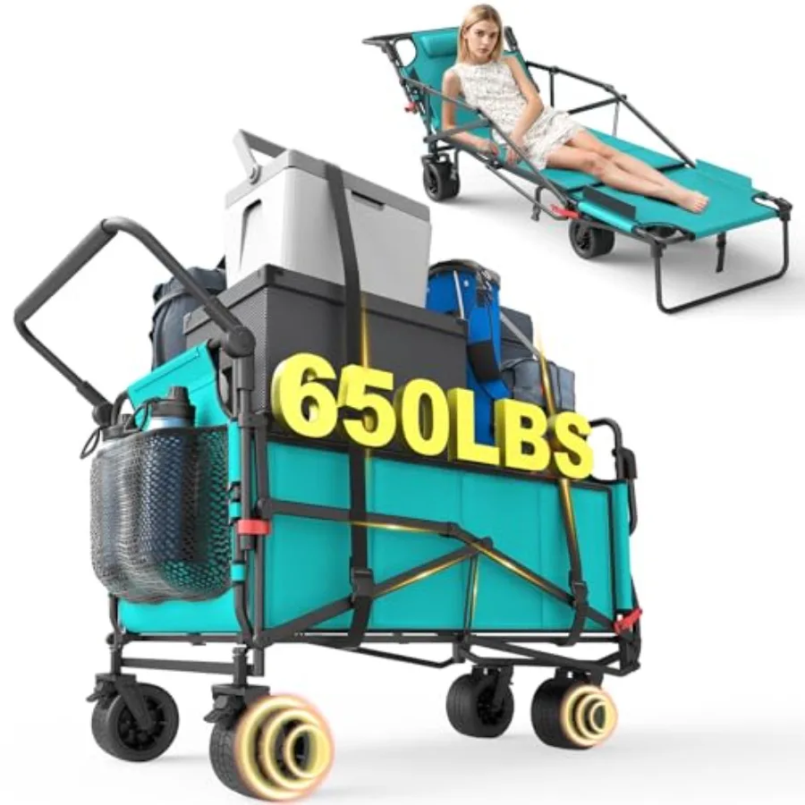 Heavy Duty Folding Wagon for outdoor home use, steel frame, azure, 650lb capacity, all-terrain wheels with brakes and side pock