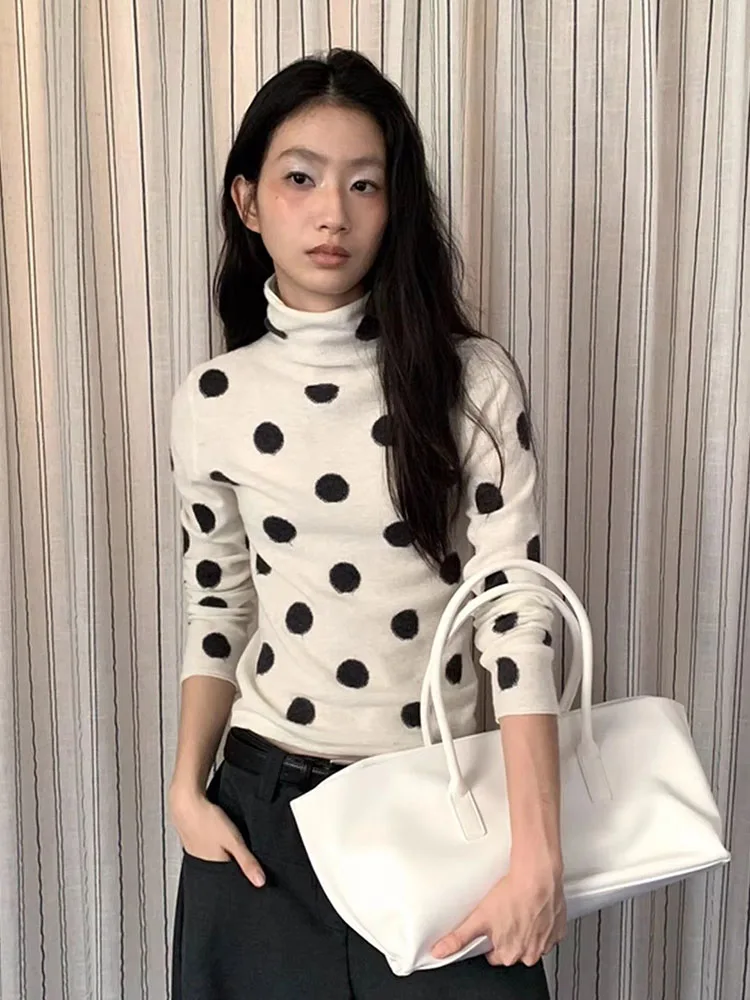 2026 Women Vintage Polka Dot Print Turtleneck Long Sleeve Top Autumn Winter Slim Fit Elegant Basic Undershirt Outside