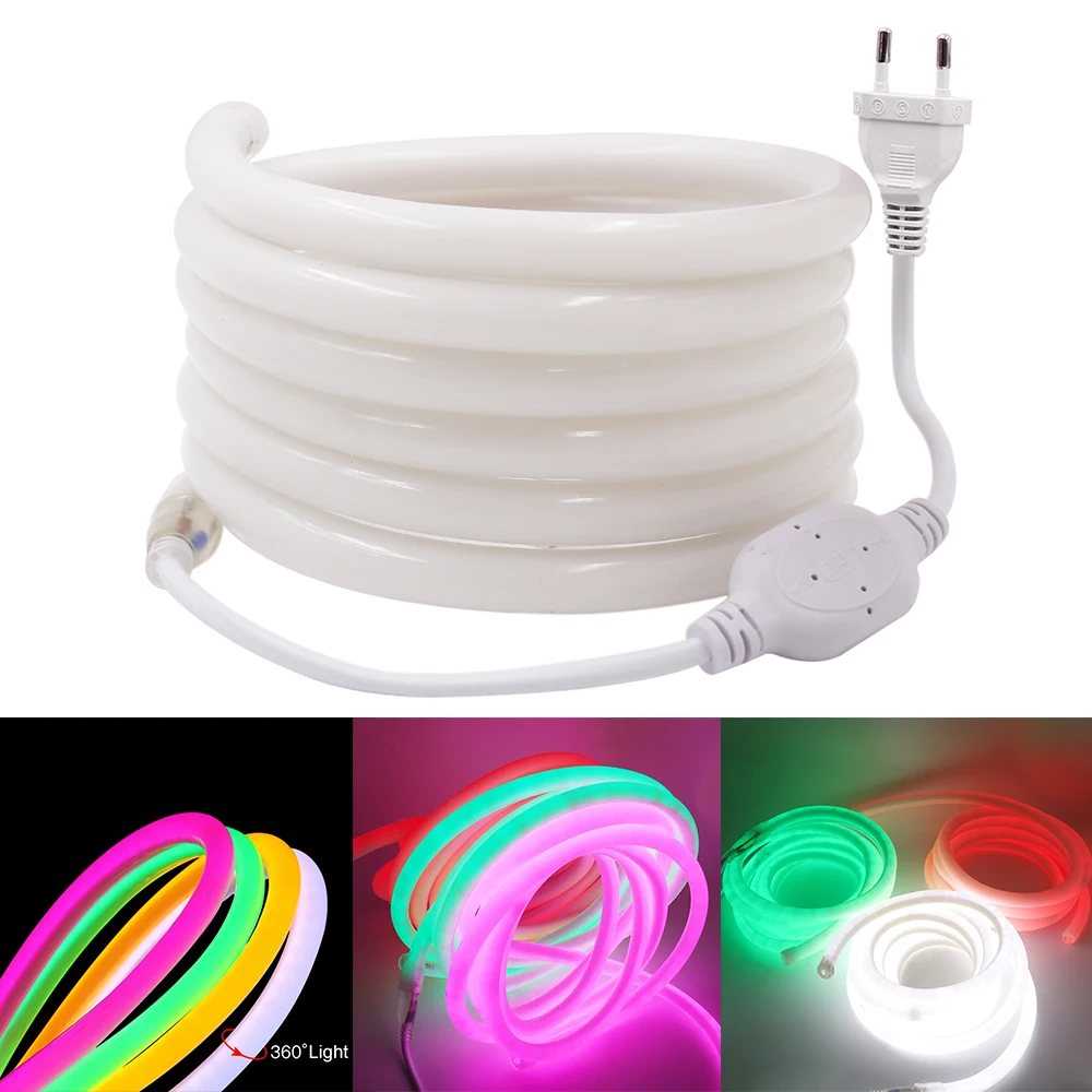 Bande Lumineuse LED Néon Flexible pour l\'Extérieur, Corde Lumineuse Étanche IP67, Lampe pour Vacances, AC 220V, Prise UE, 2835, 120 gible/m, 1-100m