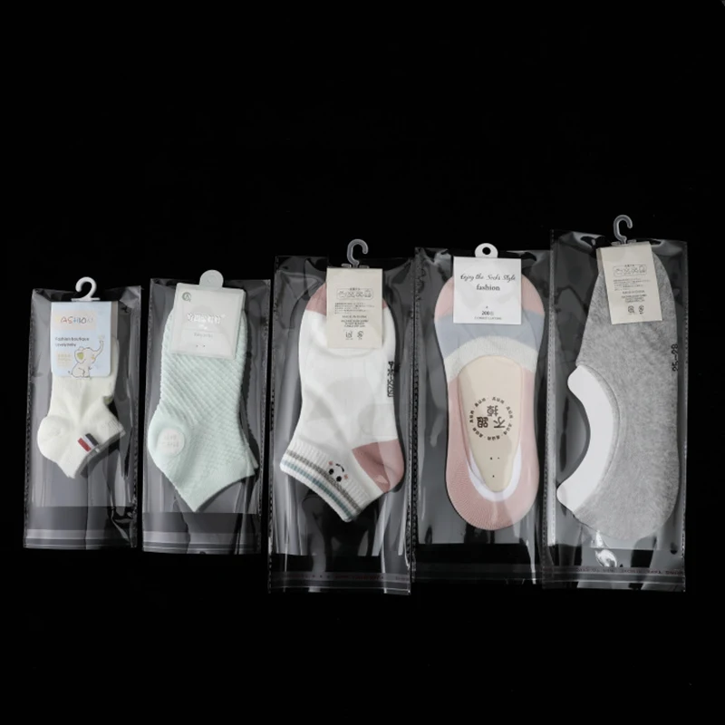 TETP 100Pcs Socks Packaging Self Adhesive Bags Adult Children Autumn And Winter Stocking Storage With Semicircle Hanging Hole