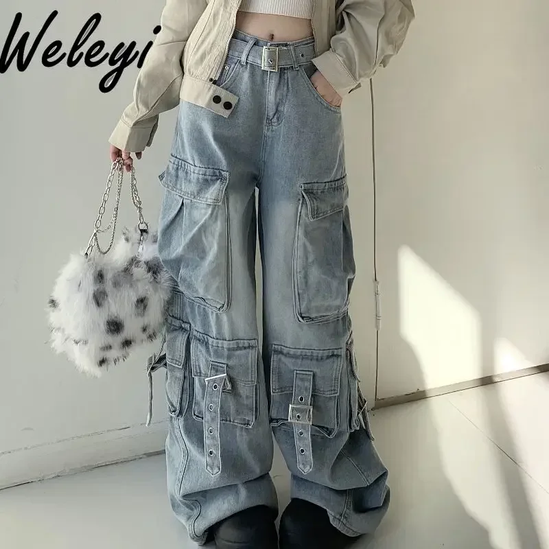 

Autumn American Retro Multi-pocket Cargo Jeans for Women 2024 Fall New Loose Women's High-waisted Drape Denim Wide-leg Pants