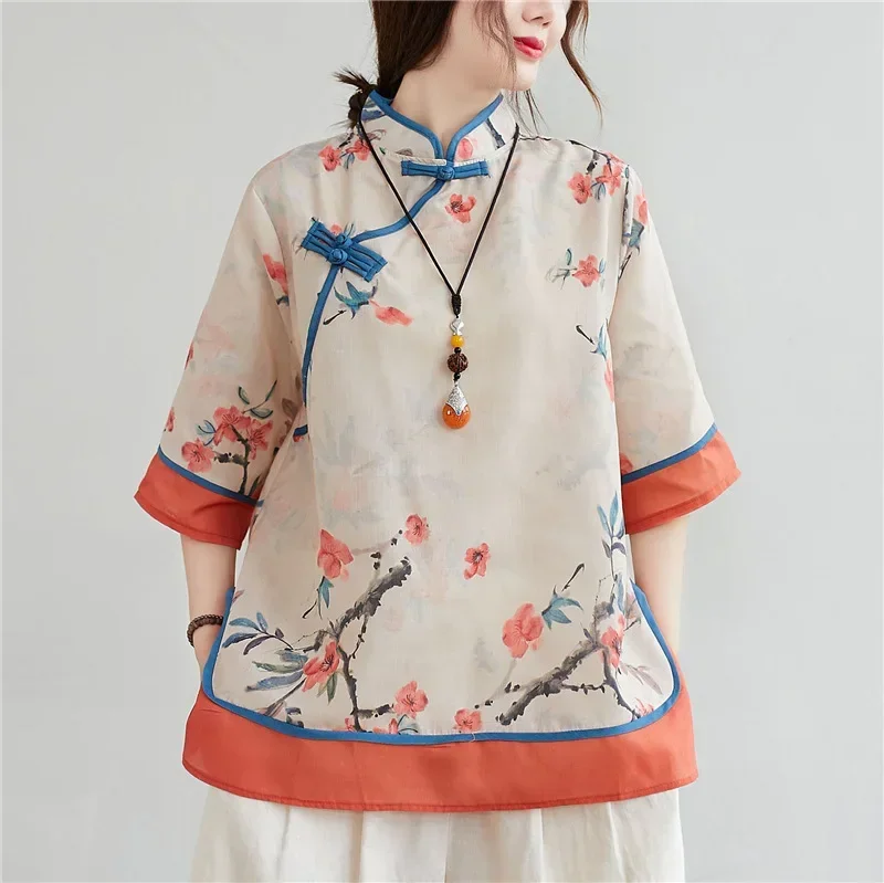 

Cotton and Linen Tang Suit Women's Clothes Autumn Chinese Traditional Style Print Loose Three-quarter Sleeve Tea Service T-shirt