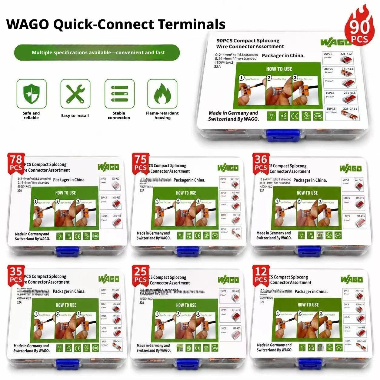 WAGO 221‑Series Splicing Connector Assortment Kit, 12/28/35/36/75/78/90 PCS Mixed Set For 221‑412 413 415 2411