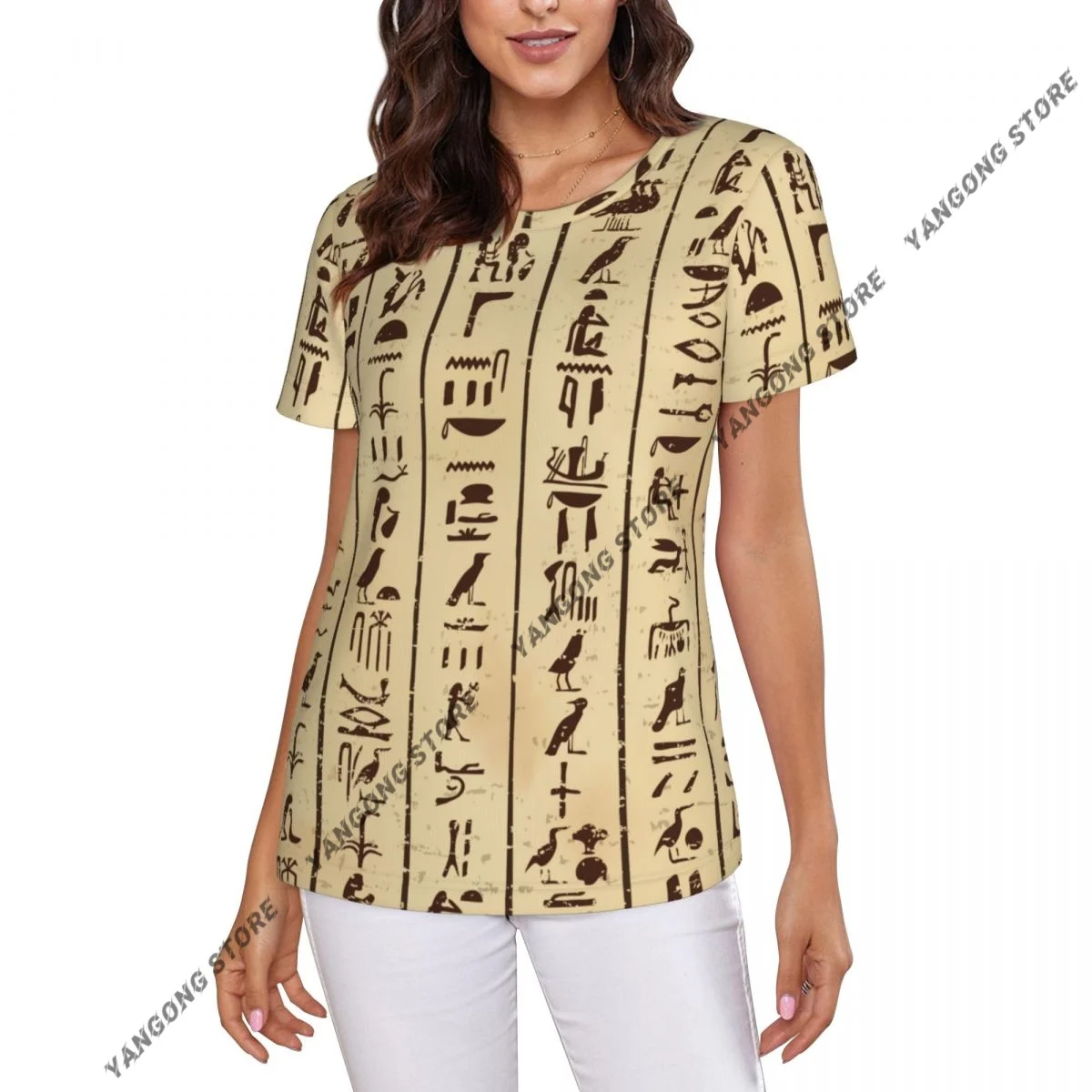 Women's T-shirt Egyptian Hieroglyphs Print Tshirt Women Casual O-Neck Short Sleeve Tops Tees Clothing