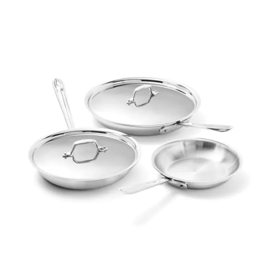 

Professional-grade stainless steel frypan set for kitchen use, silver color, durable tri-ply construction, oven safe and induct