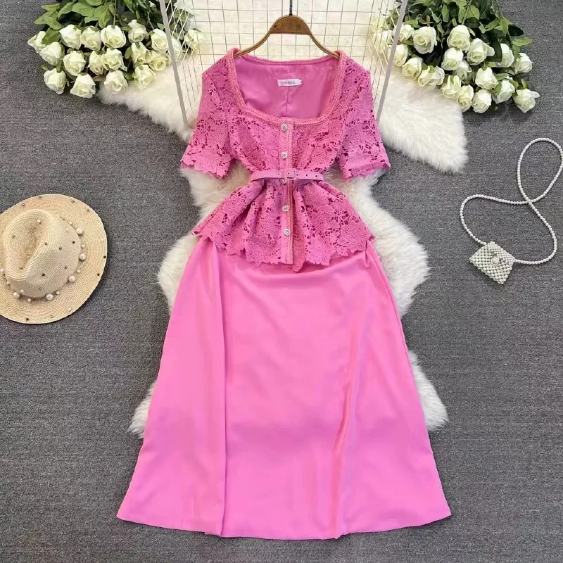 Runway Summer Pink Hollow Out Lace Patchwork Short Sleeve Dress Elegant Women Square Collar Fake Two-Piece Belt Midi Vestidos