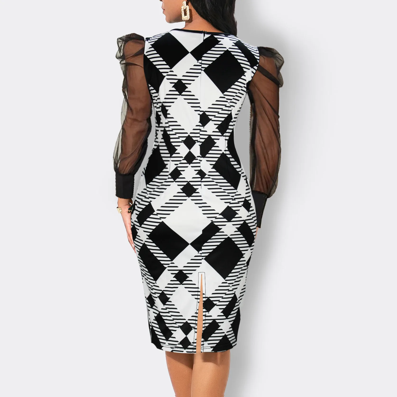 Sexy moda elegante vestido impresso com decote em v manga longa malha vestido feminino estilo europeu e americano novo