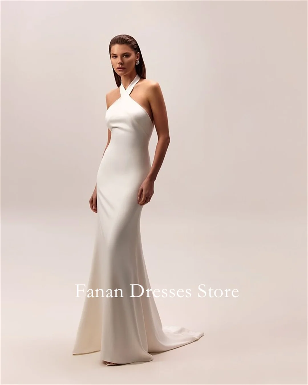

Fanan Halter Neck Ivory Backless Wedding Dress Mermaid Customized Satin Simple Floor Length Bridal Party Gown Vestidos De Novia