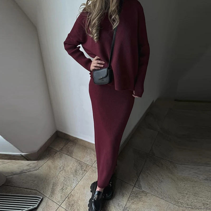 Elegant Commuting Sweater Solid 2Pc Sets Women Causal Knitted Outfits Fashion Turtleneck Long Sleeve Pullover & Long Skirt Suit