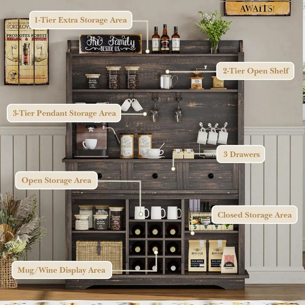 Шкаф для кофе-бара в фермерском доме с 3-уровневым хранилищем, 63-дюймовый кухонный шкаф для хранения вещей с 3 ящиками, высокий кофейный бар с держателями, Wi