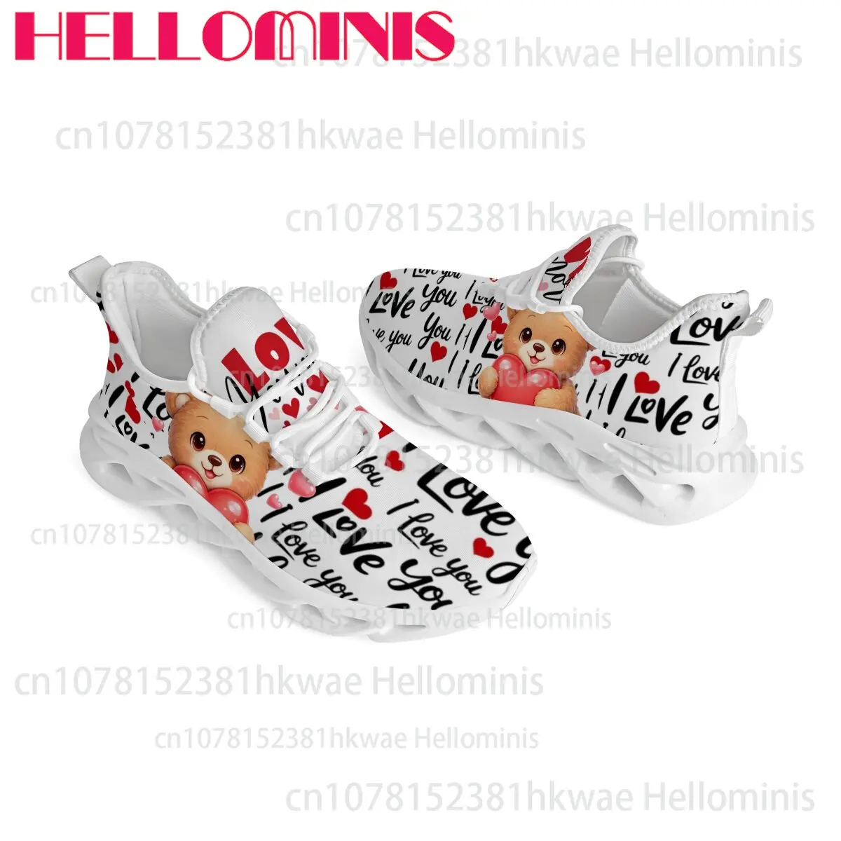 Unisex Adult Sneakers Cartoon Bear Heart Love Letter Graphic Print Lightweight Breathable Daily Sports Casual Walking Footwear