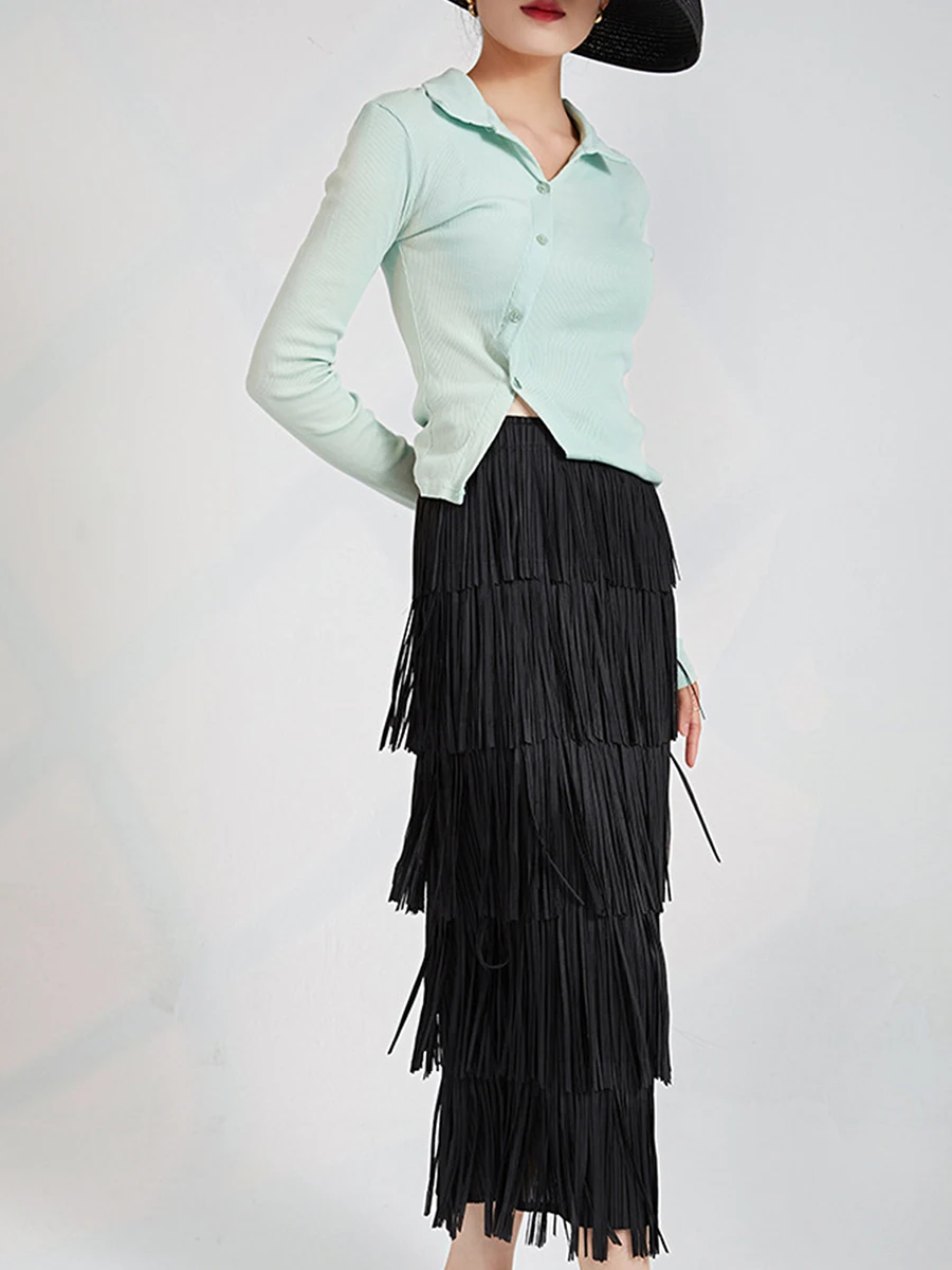 

Ladies Chic Knee-Length Skirt with Tassel Detailing Stylish High Waist Elastic Band Straight Cut Summer Pencil Skirt for