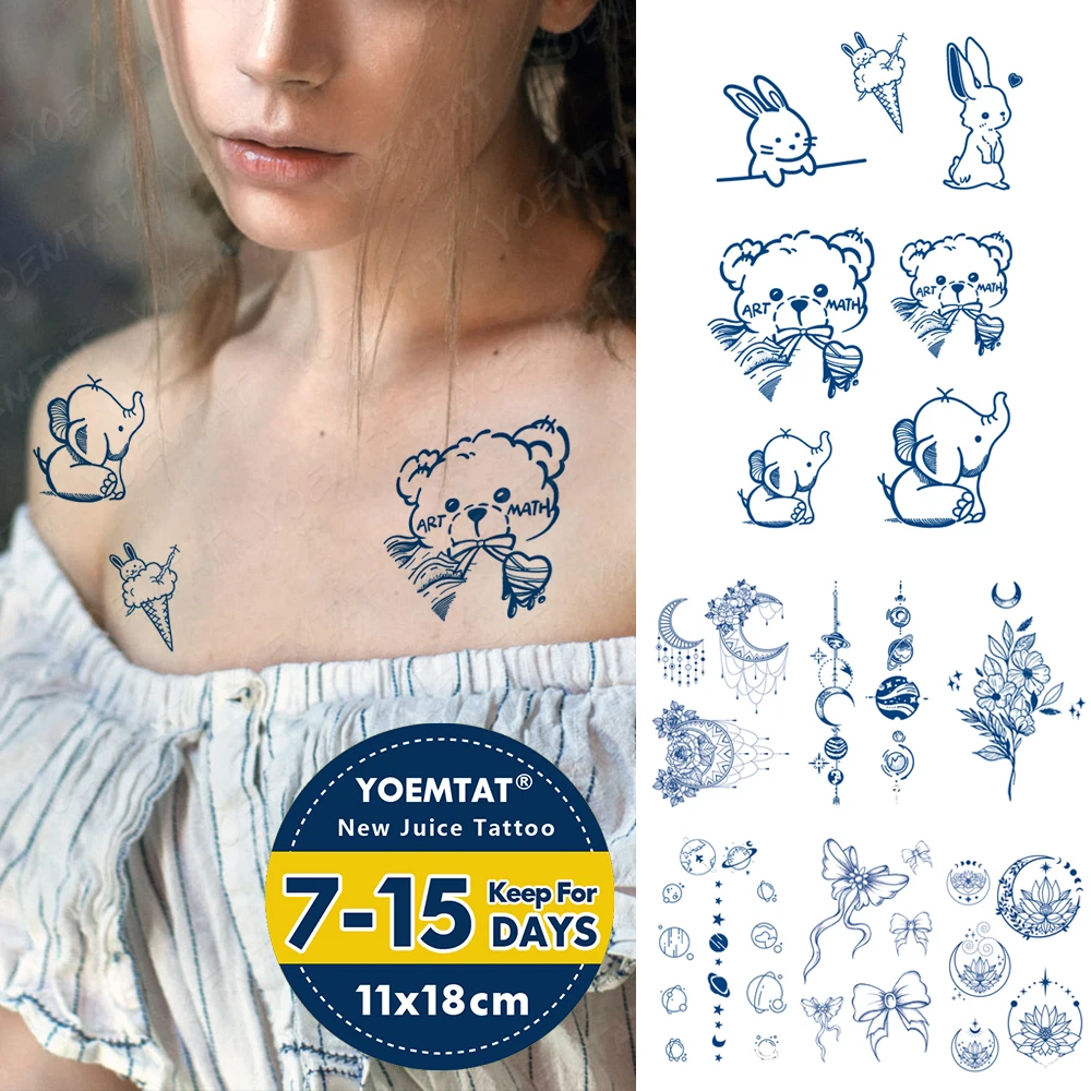 Semi-Permanent Waterproof Temporary Tattoo Stickers Cute Animal Genipin Herbal Juice Lasting Ink Fake Bear Rabbit Elephant Tatoo