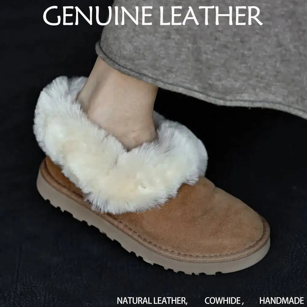 

2026 Low-Top Sheepskin Fleece Lined Snow Boots Women's Fur Booties Thick Sole Genuine Leather Comfortable Winter Shoes