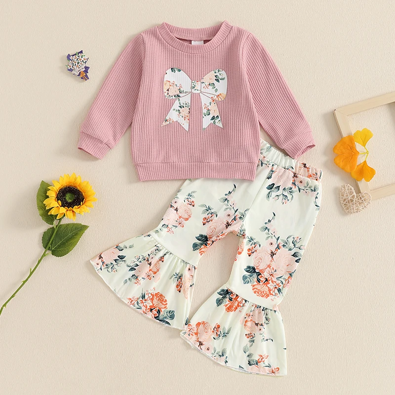 Cute Toddler Autumn Ensemble Bow Patterned Sweater and Flower Print Bell Bottoms Matching Set for Girls