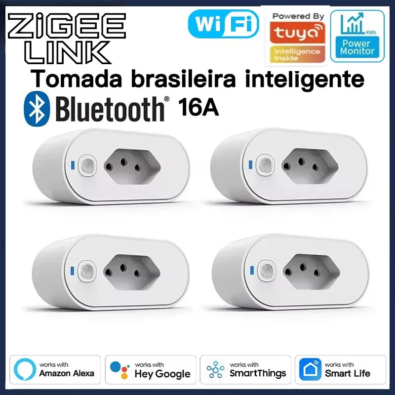 Tuya 16A Brazil Standard WiFi Bluetooth Smart Plug Power Monitor Smart Life APP Smart Socket Voice Control for Google Home Alexa