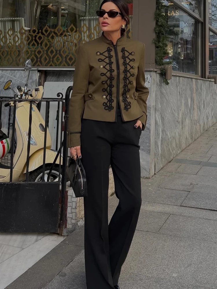 TFMLN Elegant Women Stand Collar Jacket Slim Fit Waist Cropped Blazer Solid Color Lady Fashion Outer Coat Vintage High Street